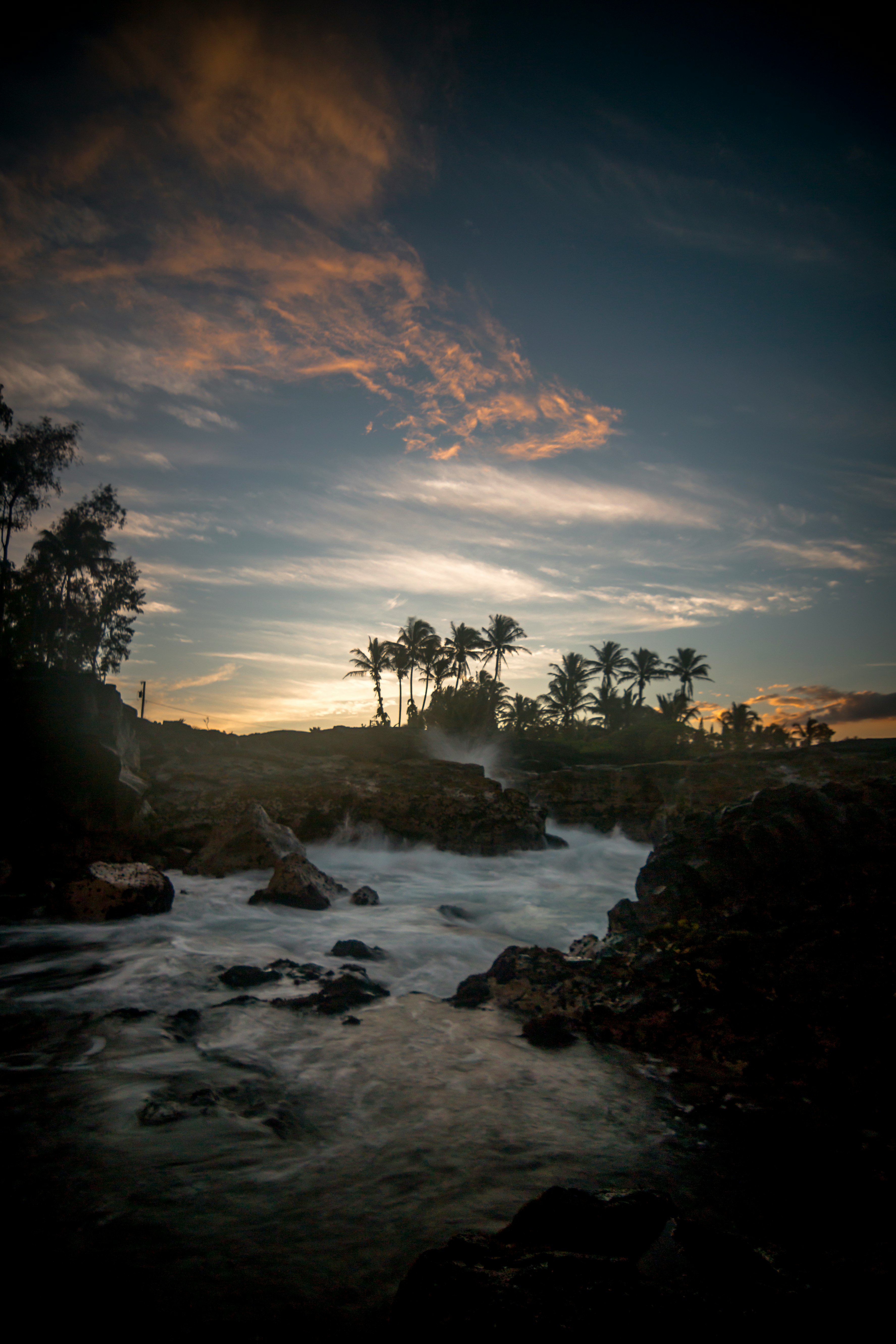 body of water near coconut trees under blue and white sky